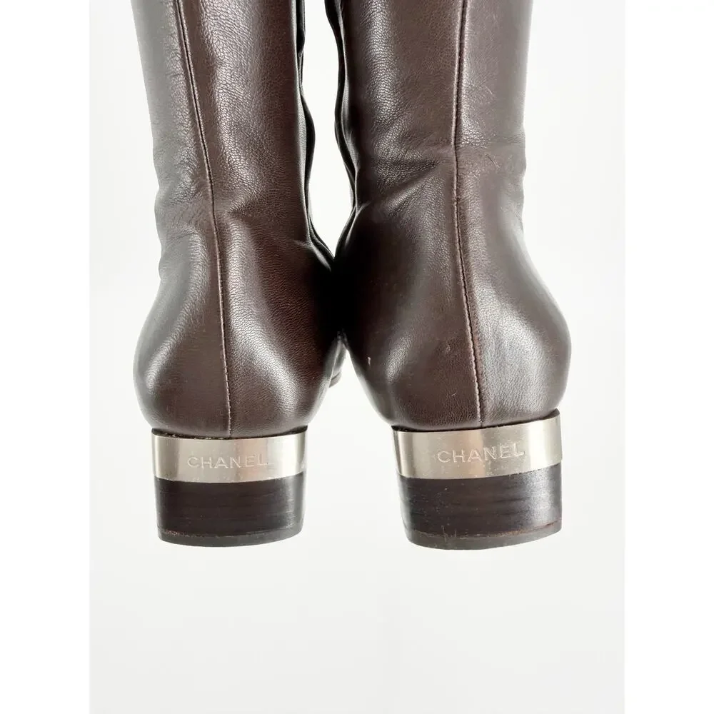 Chanel Vintage Brown Leather CC Cap Toe Silver Heel Riding Boots Size 40 EU 9.5